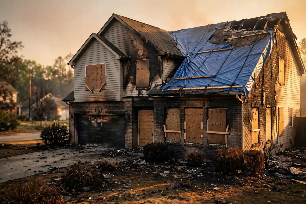 Board up service San Diego: a fire-damaged San Diego home with boarded windows and a tarped roof