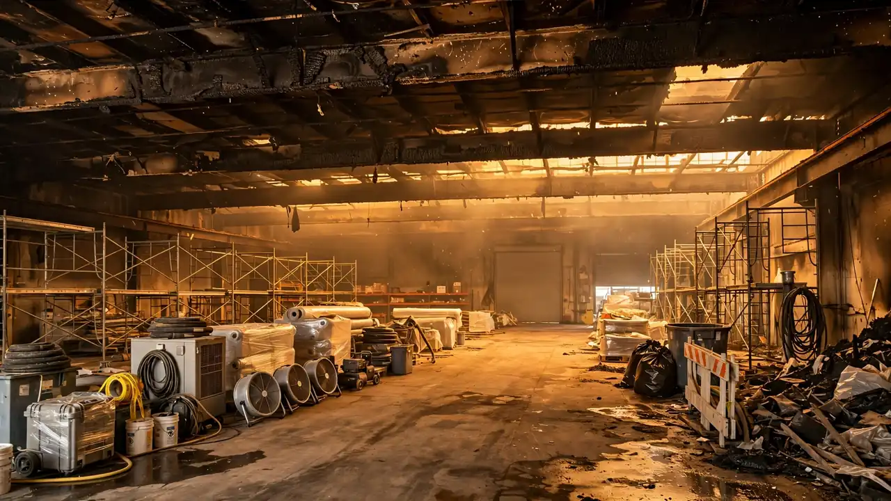 Commercial fire damage restoration San Diego: a soot-darkened San Diego warehouse interior being cleaned and staged for restoration