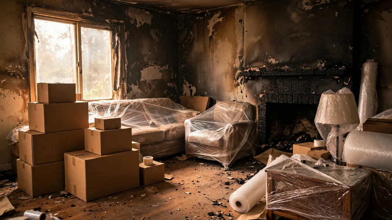 Contents pack-out in San Diego: belongings boxed and wrapped for storage inside a soot-damaged San Diego home
