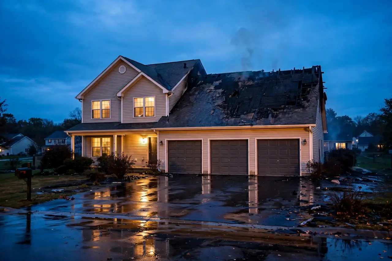 Emergency fire damage restoration San Diego: a burned San Diego home at dusk, just after the fire was put out