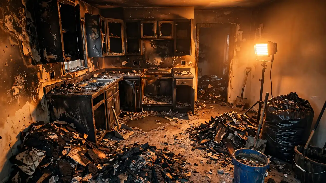 Fire damage cleanup San Diego: charred debris and ash being cleared from a San Diego home after a fire