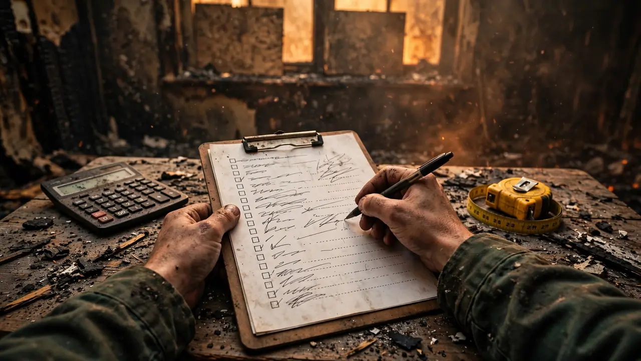 Fire damage restoration cost in San Diego: an itemized restoration scope being written on a clipboard inside a fire-damaged home