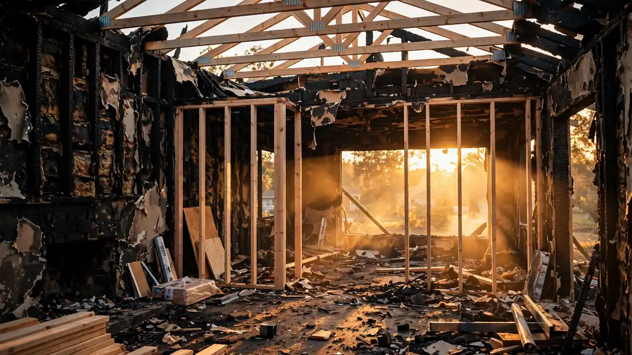 Fire damage repair San Diego: a licensed contractor reframing a fire-damaged wall inside a San Diego home