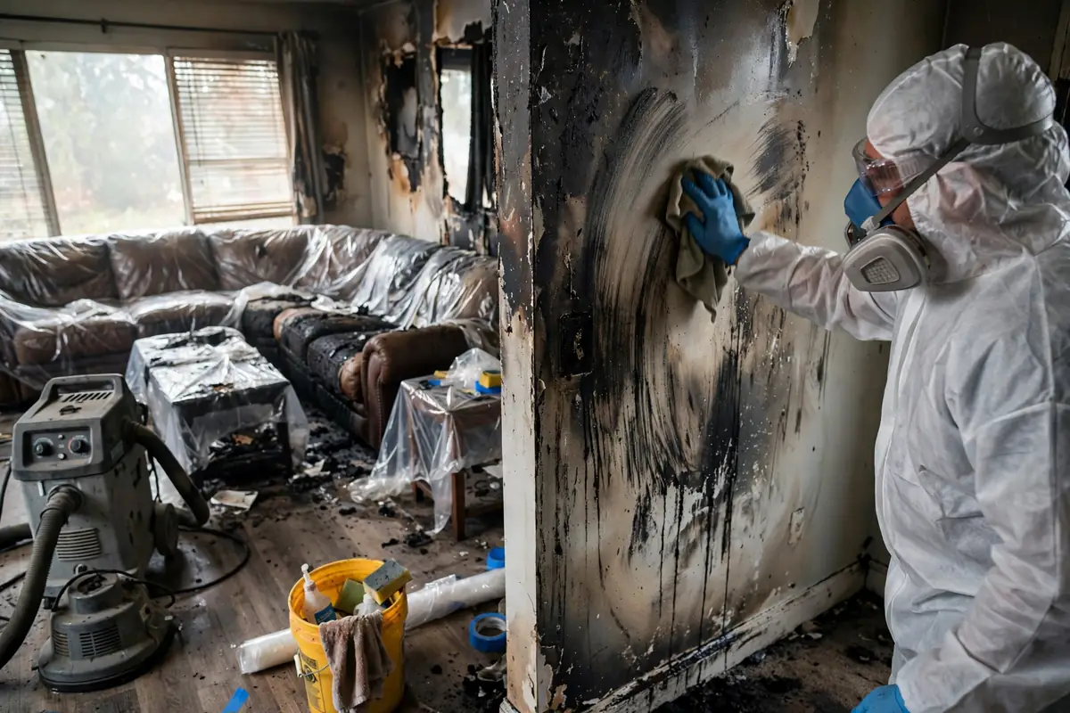 Fire damage restoration San Diego: a fire-damaged San Diego home with boarded windows, smoke staining and restoration equipment at the front door